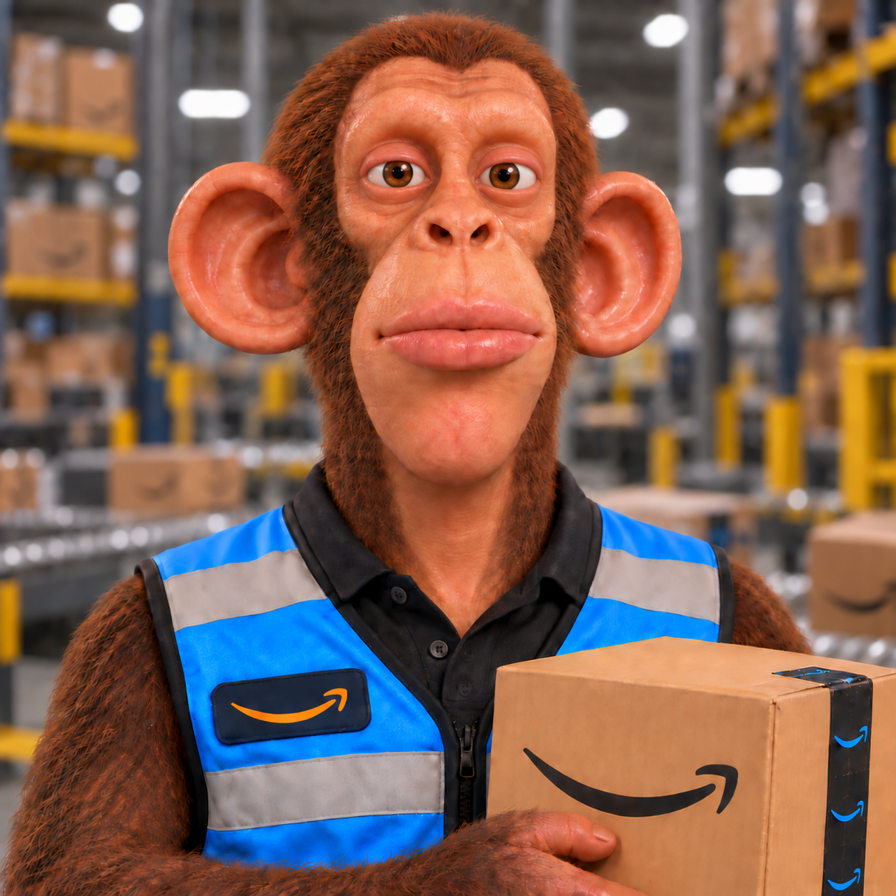 Prime Mate standing in an Amazon-style fulfillment warehouse holding a package